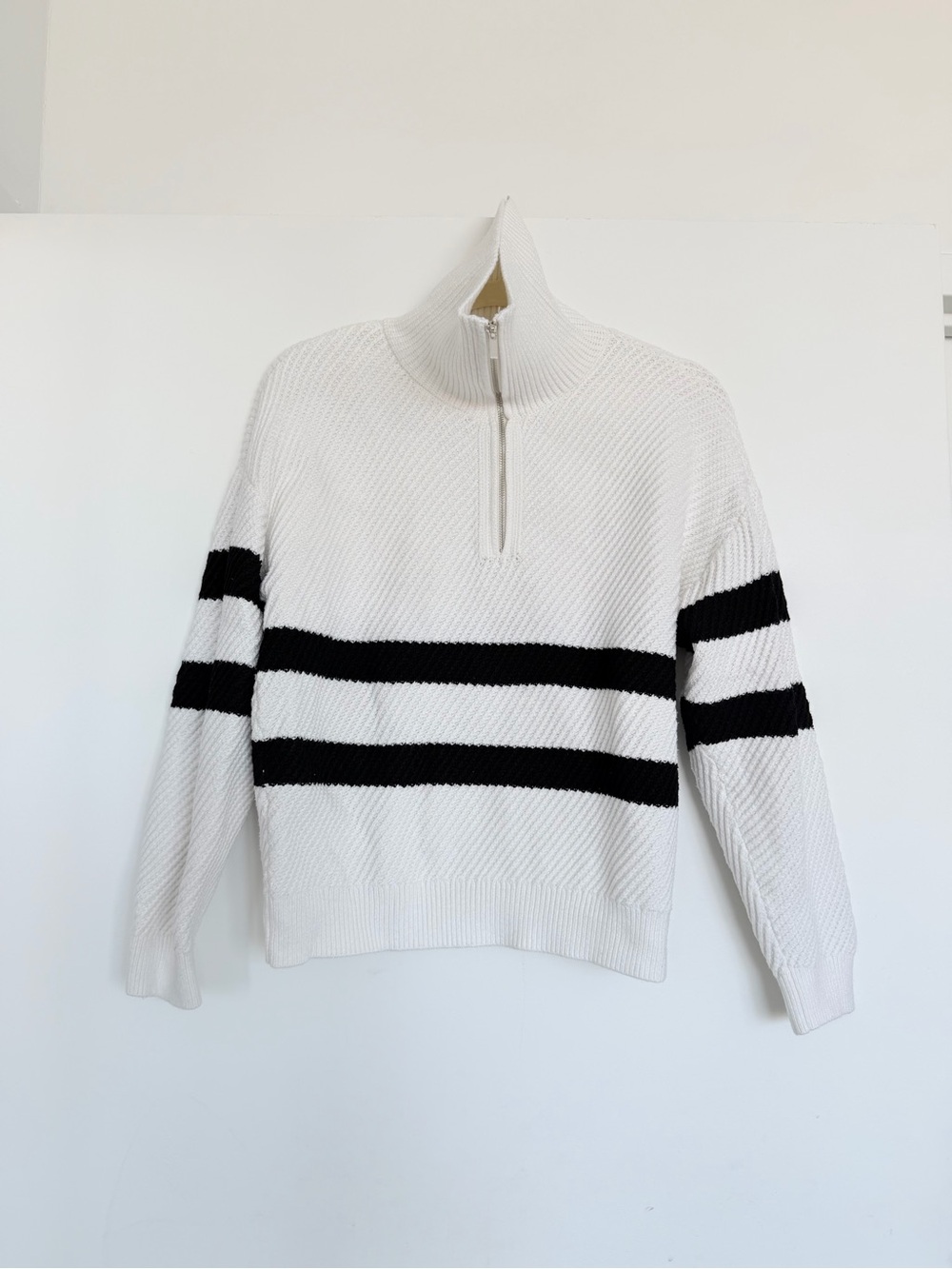 Mango White Quarter Zip Crewneck Sweater with Black Stripes - Picture 9 of 16
